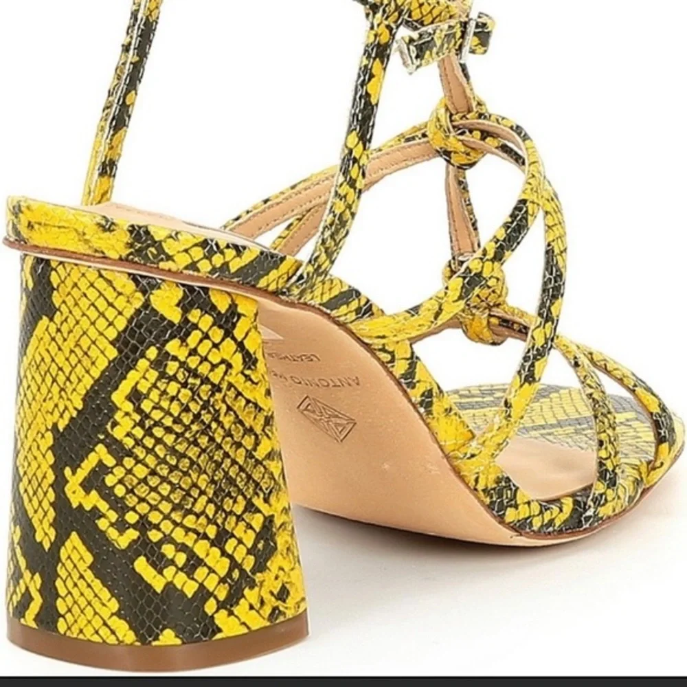 Antonio Melani Bayslie Yellow Black Snake Print Block Sandal Heels Women 7.5 EUC